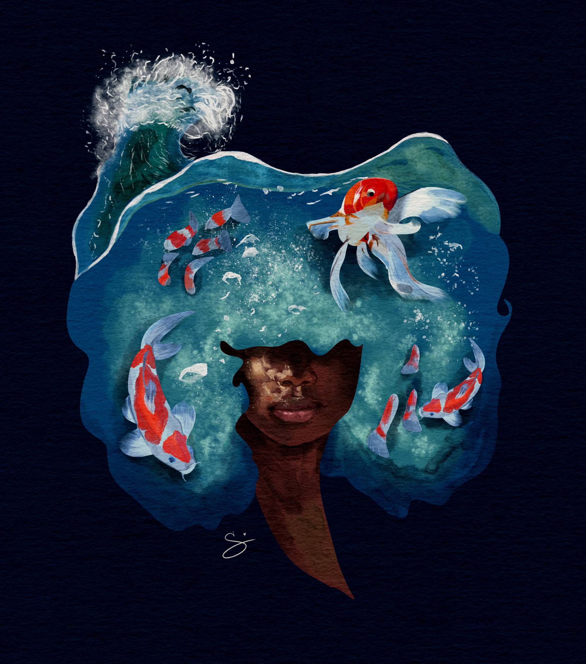 Digital illustration of woman with koi fish and water as her hair.